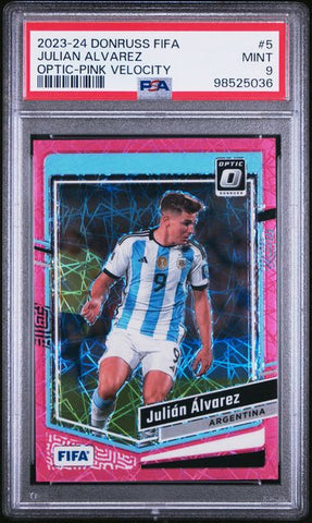 Julian Alvarez #5 Optic Pink Velocity /99 PSA 9 [2023-24 Panini Donruss Fifa]