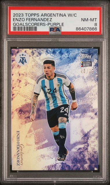 Enzo Fernandez Goalscorers Purple /49 PSA 8 [2023 Topps Argentina World Champions]