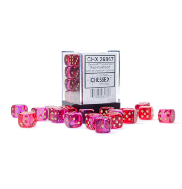 Gemini™ - 12mm d6 Translucent Red-Violet/gold Dice Block forside