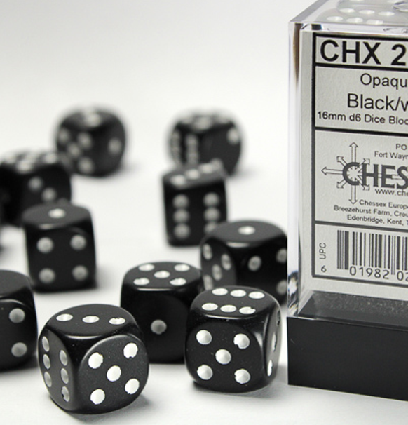 Opaque – 16mm d6 Black w/white Dice Block™ forside