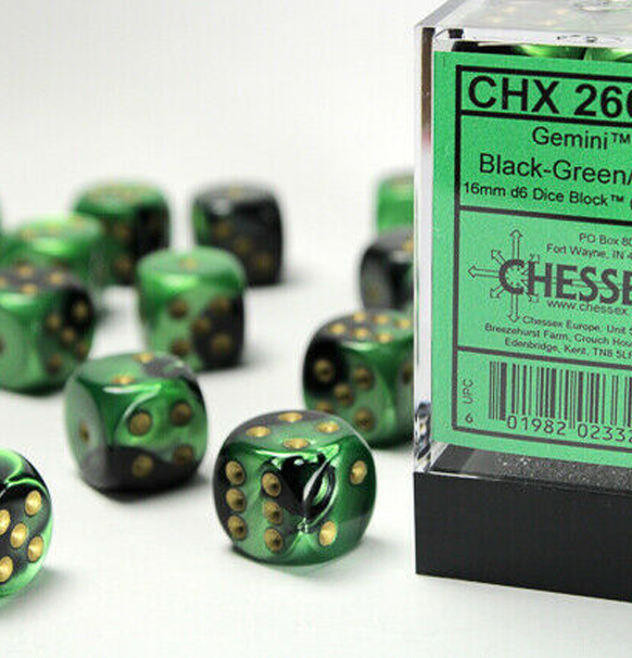 Gemini™ – d6 Black-Green w/gold Dice Blo