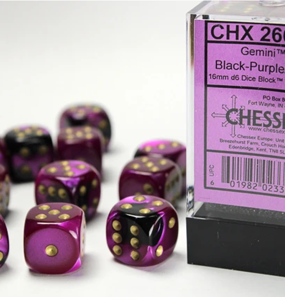 Gemini™ – 16mm d6 Black-Purple w/gold Dice Block