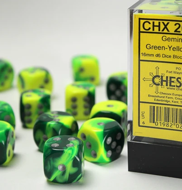 Gemini™ – 16mm d6 Green-Yellow w/silver Dice Block