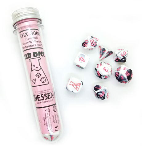 Lab Dice - Gemini™ Polyhedral Black-White w/pink 7-Die Set